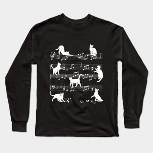 Cat Silhouette Music Sheet Musical Notes Long Sleeve T-Shirt